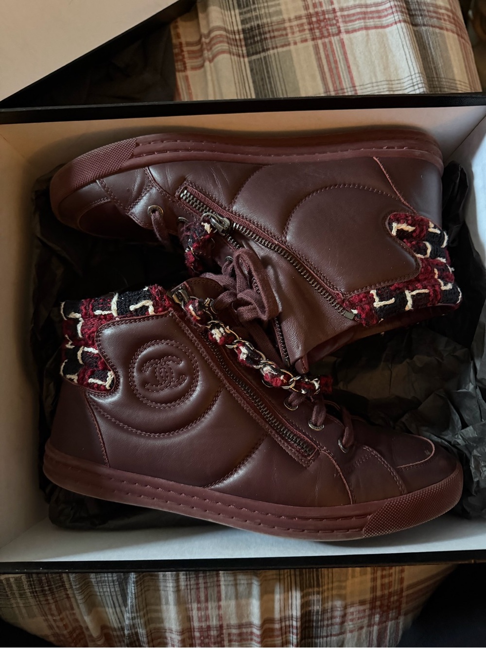 CHANEL Burgundy Quilted Tweed-Trim High Top Sneakers